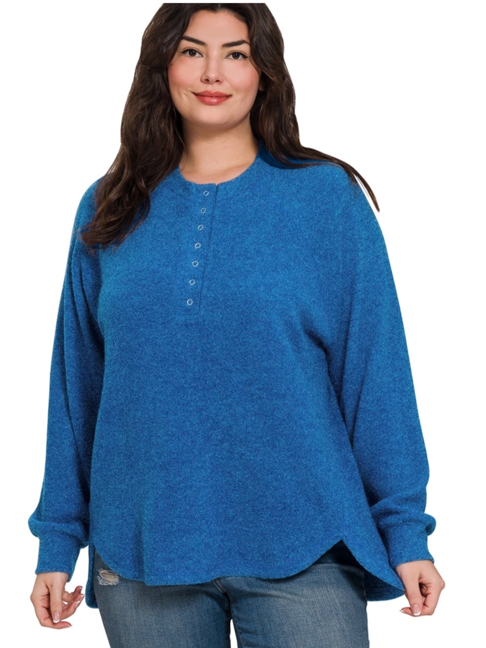 Zenana Classic Blue Hacci Cozy Soft Henley Long Sleeve Top